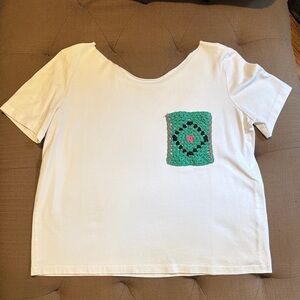 White T-Shirt with Green Crochet Pocket